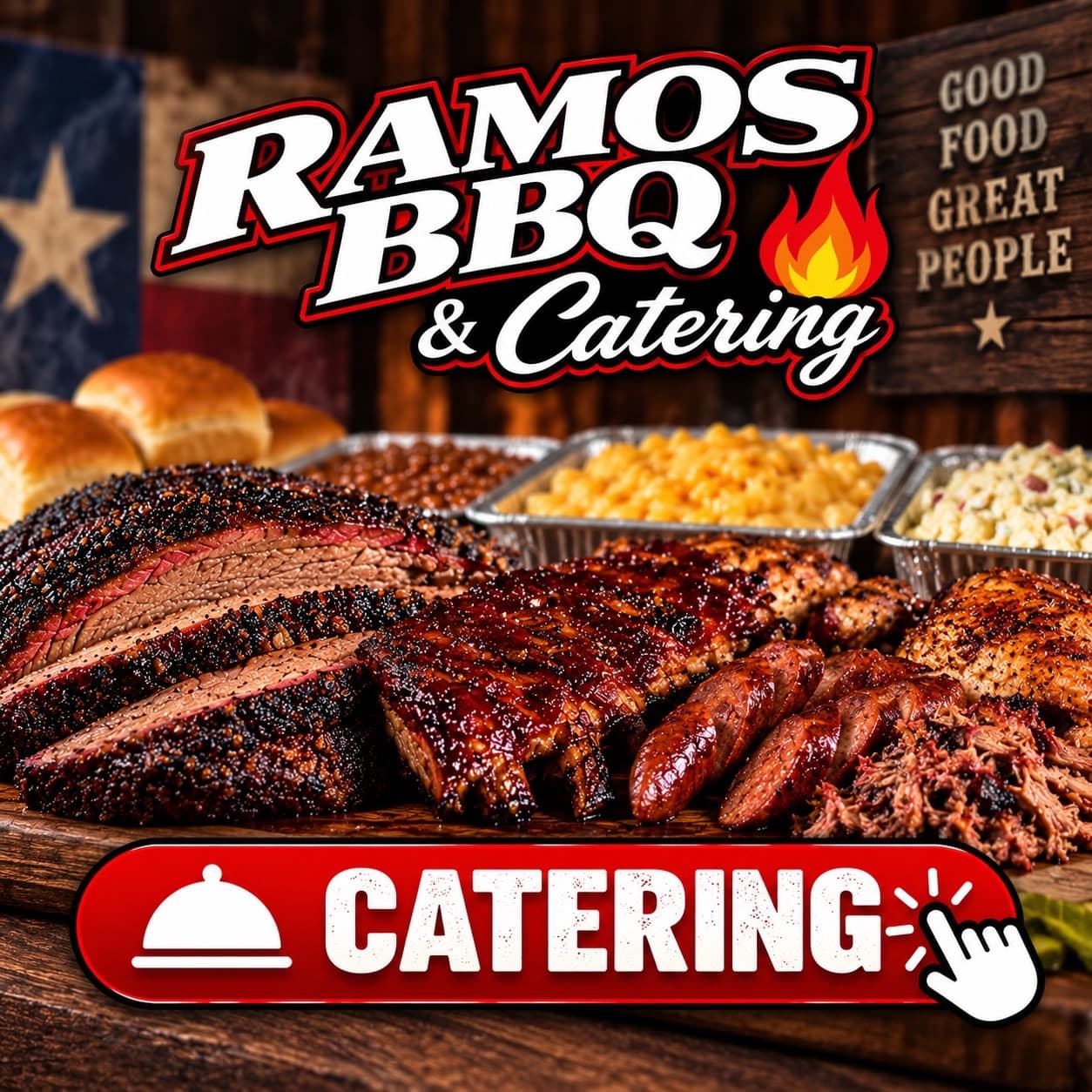 Brisket, ribs, sausage, pulled pork and trays of beans, mac and cheese and potato salad from Ramos BBQ catering